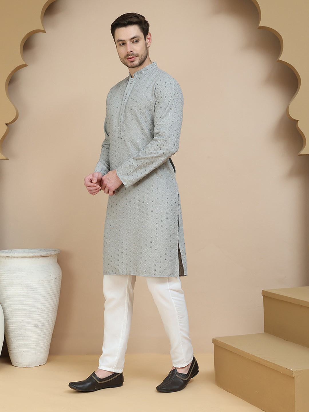 Embroidered Cotton Kurta With Pyjama for Men ( JOKP P 5244 Grey )