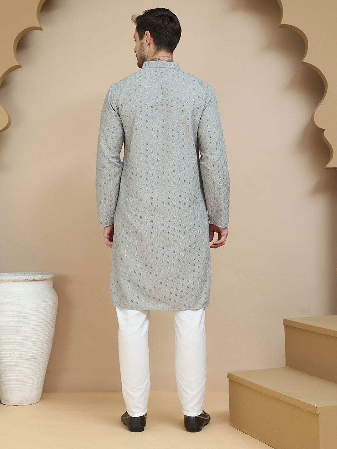Embroidered Cotton Kurta With Pyjama for Men ( JOKP P 5244 Grey )
