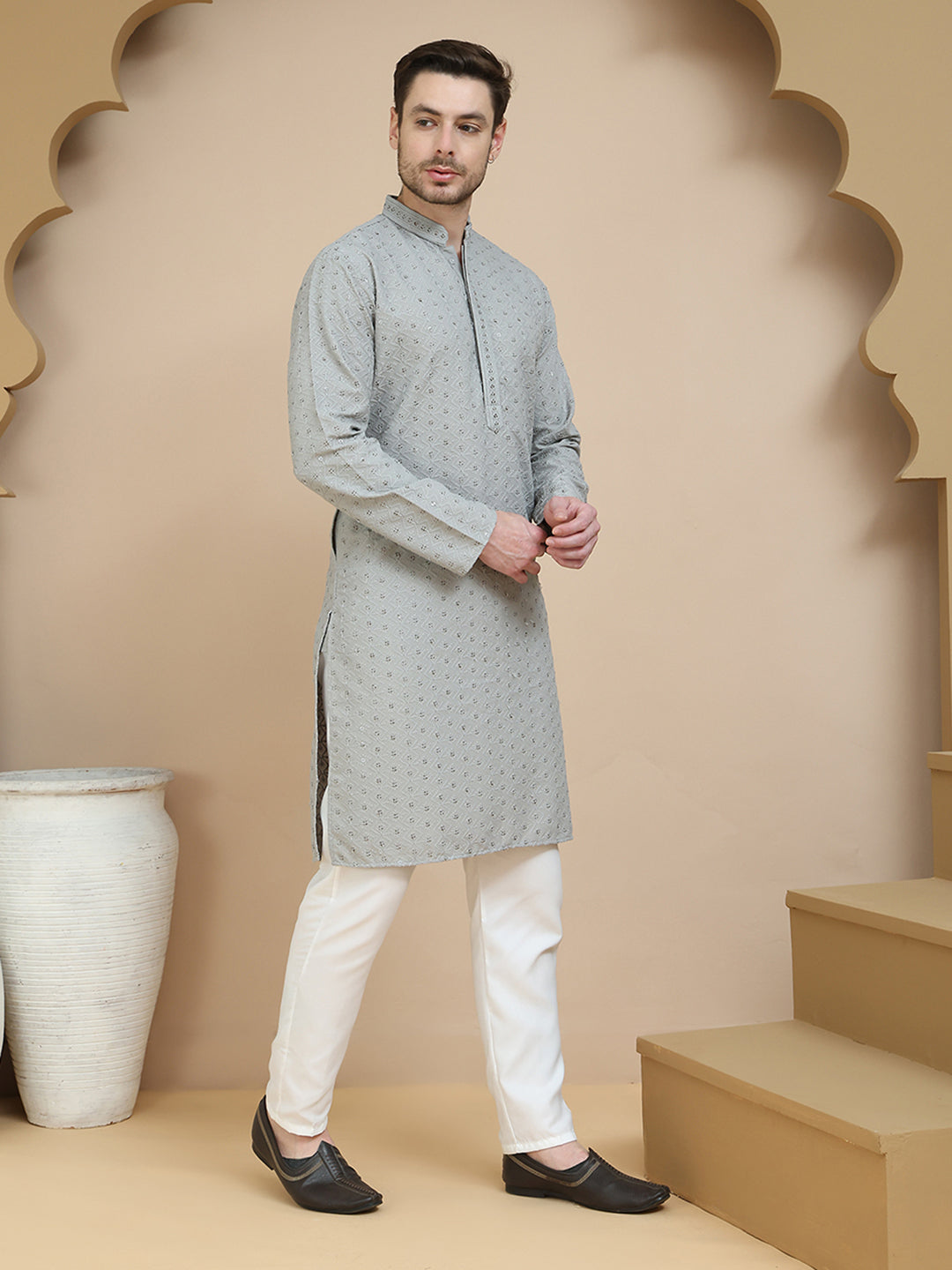 Embroidered Cotton Kurta With Pyjama for Men ( JOKP P 5244 Grey )