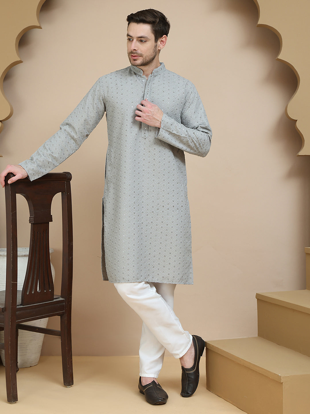 Embroidered Cotton Kurta With Pyjama for Men ( JOKP P 5244 Grey )