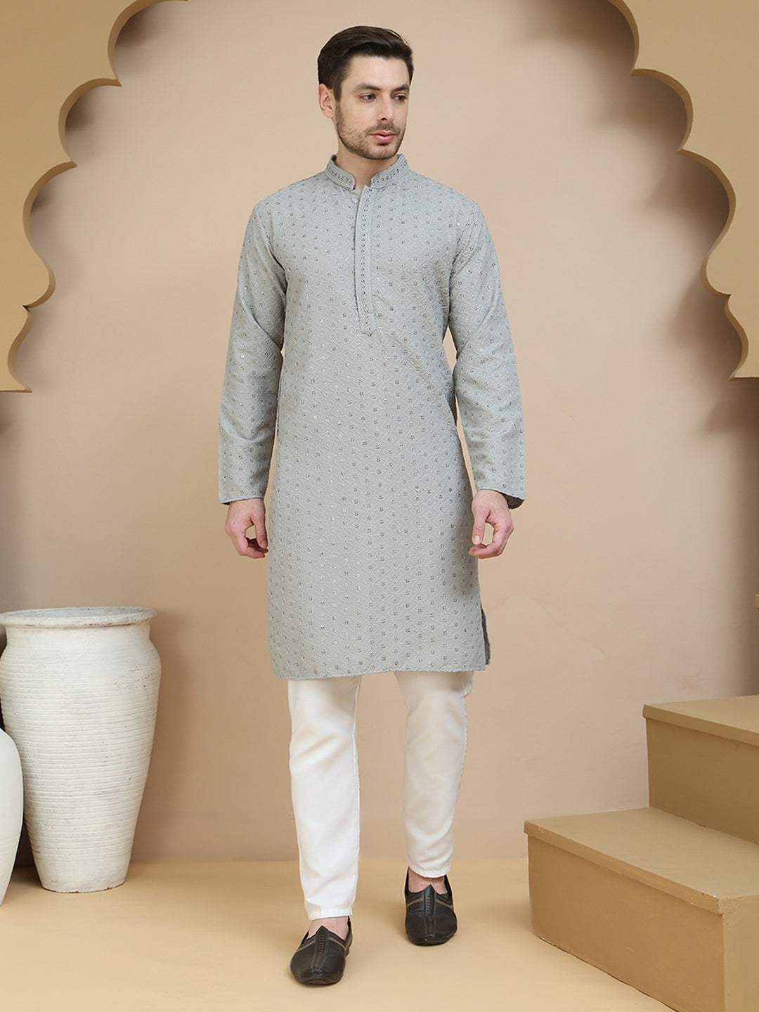 Embroidered Cotton Kurta With Pyjama for Men ( JOKP P 5244 Grey )