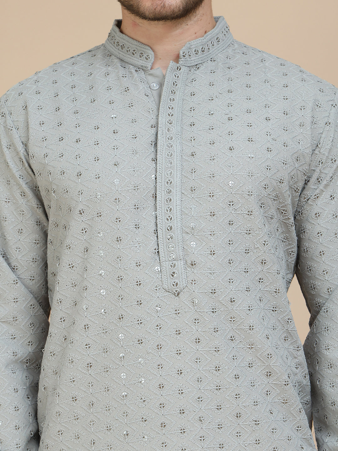 Embroidered Cotton Kurta With Pyjama for Men ( JOKP P 5244 Grey )
