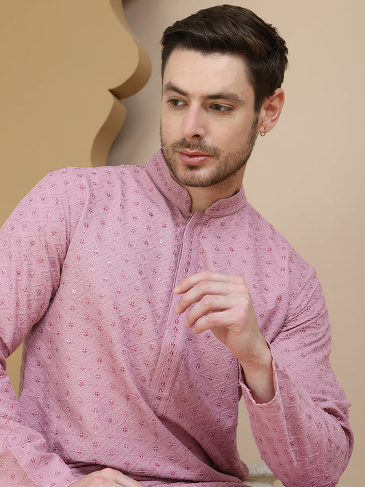Embroidered Cotton Kurta With Pyjama for Men ( JOKP P 5244 Magenta )
