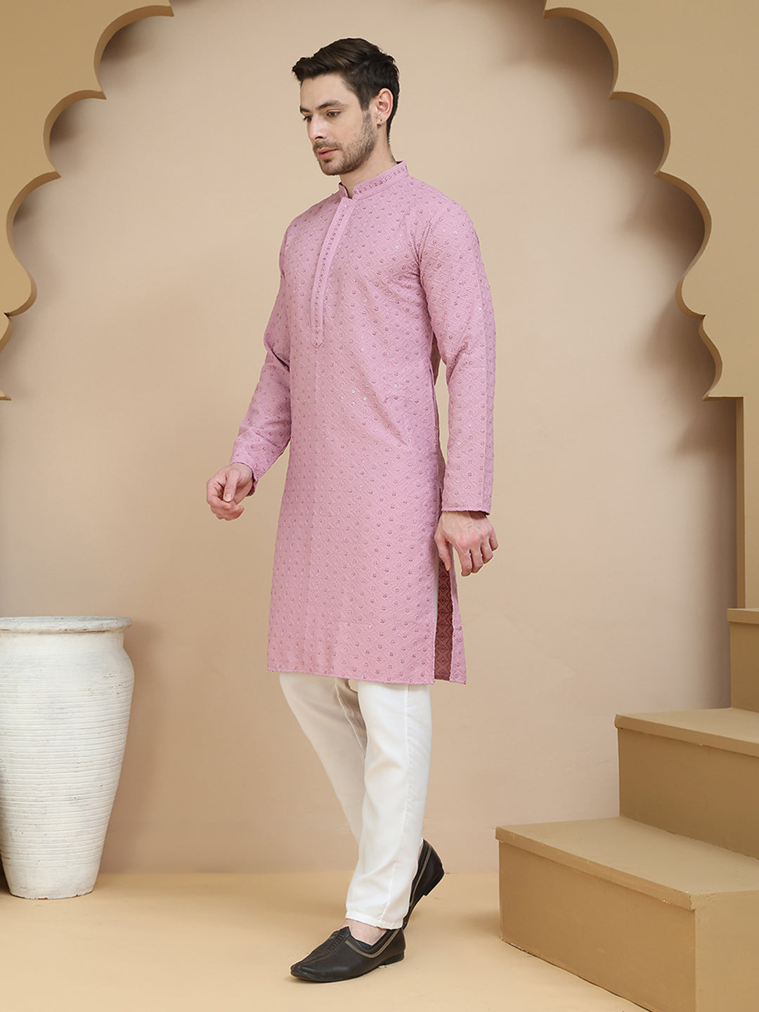 Embroidered Cotton Kurta With Pyjama for Men ( JOKP P 5244 Magenta )