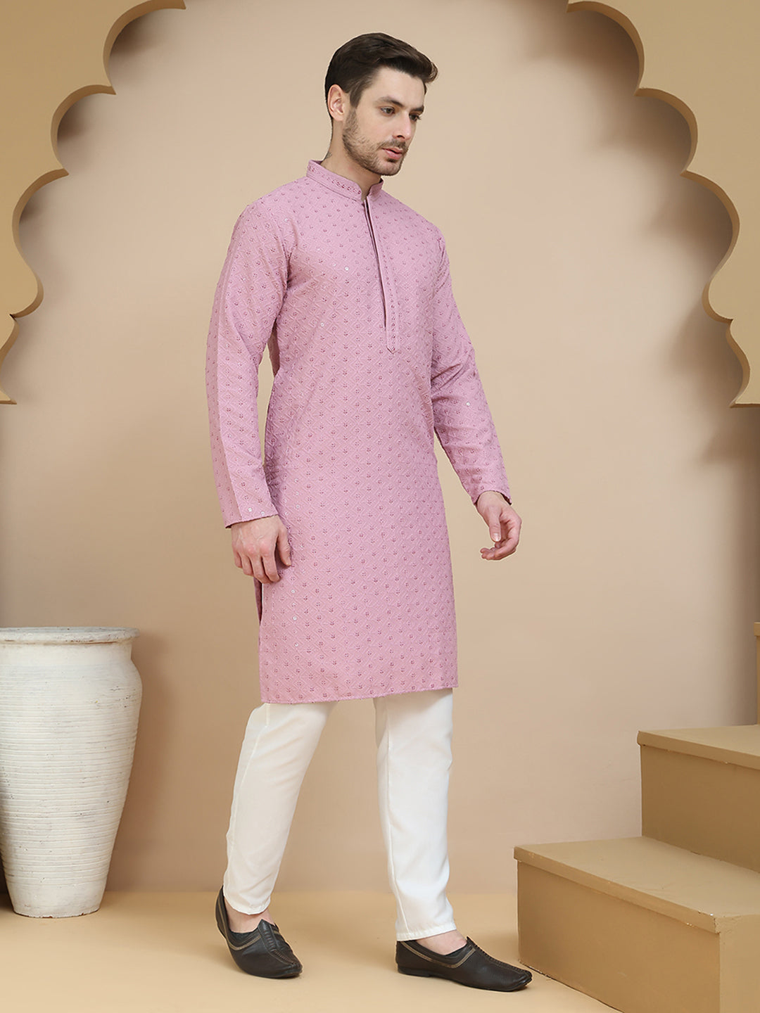 Embroidered Cotton Kurta With Pyjama for Men ( JOKP P 5244 Magenta )