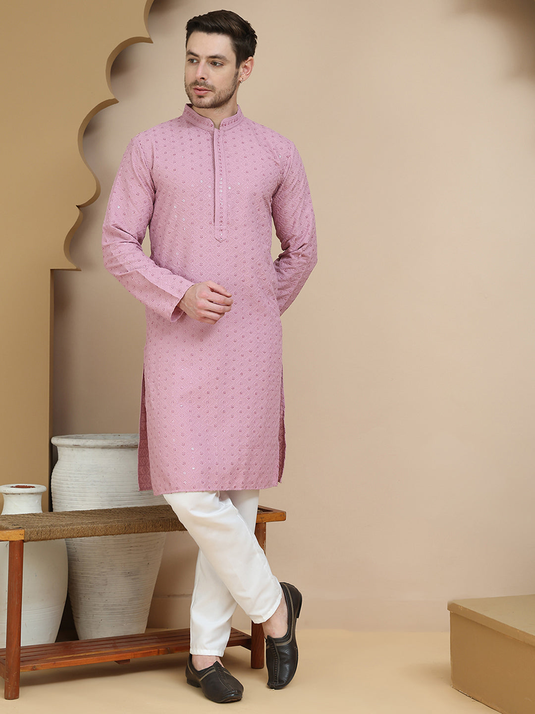 Embroidered Cotton Kurta With Pyjama for Men ( JOKP P 5244 Magenta )