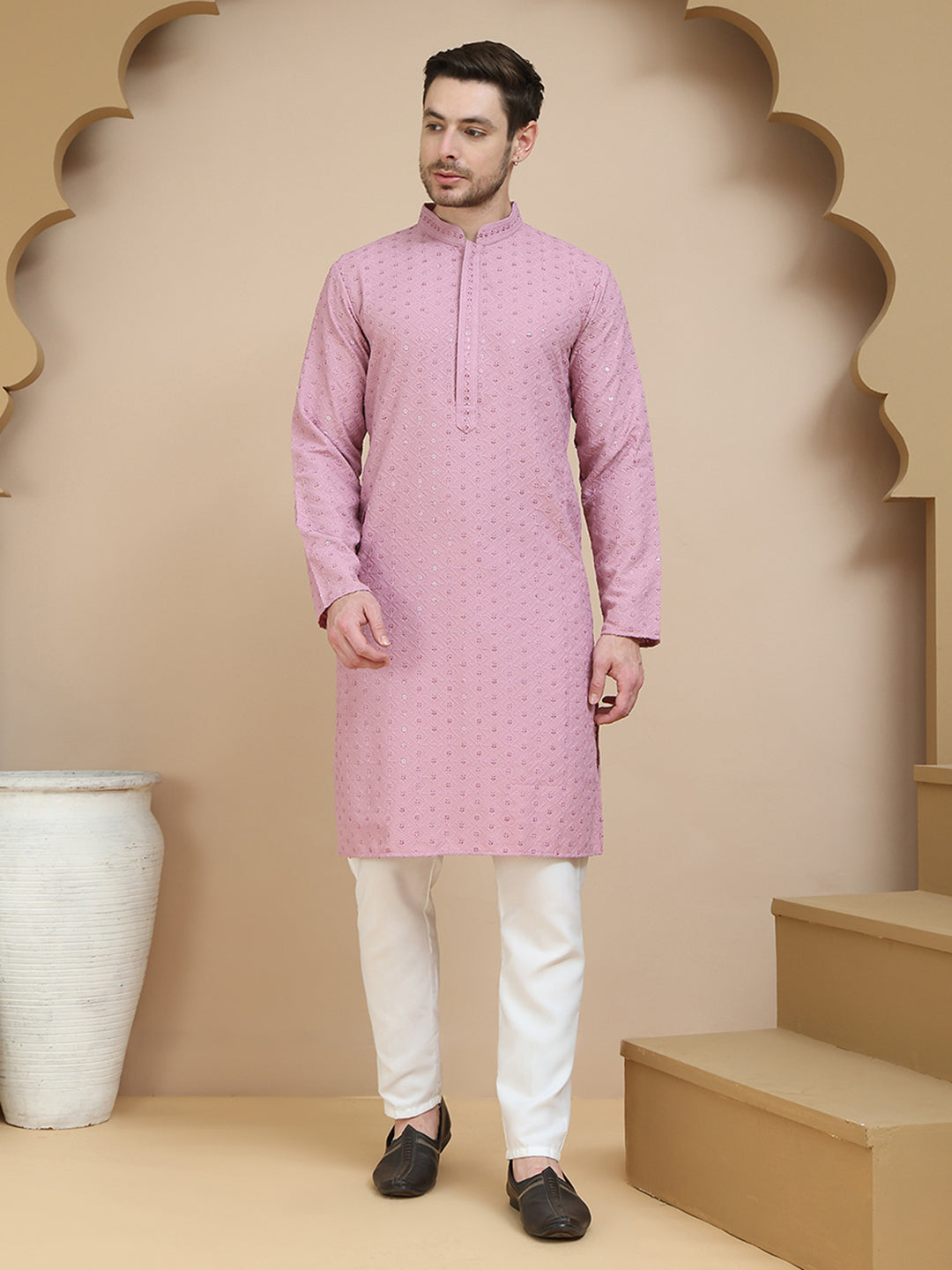 Embroidered Cotton Kurta With Pyjama for Men ( JOKP P 5244 Magenta )