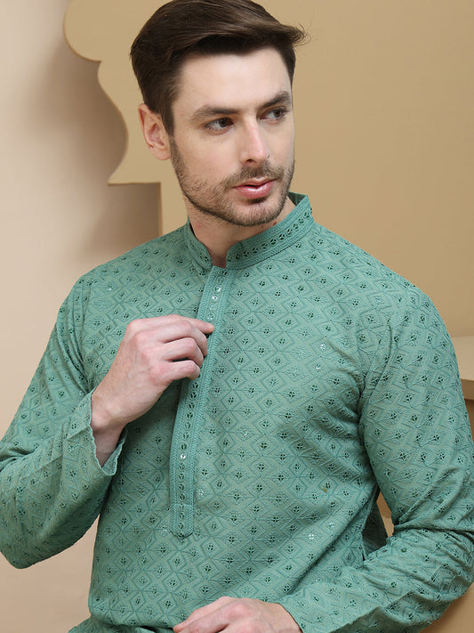 Embroidered Cotton Kurtas for Men ( KO 5244 Green )