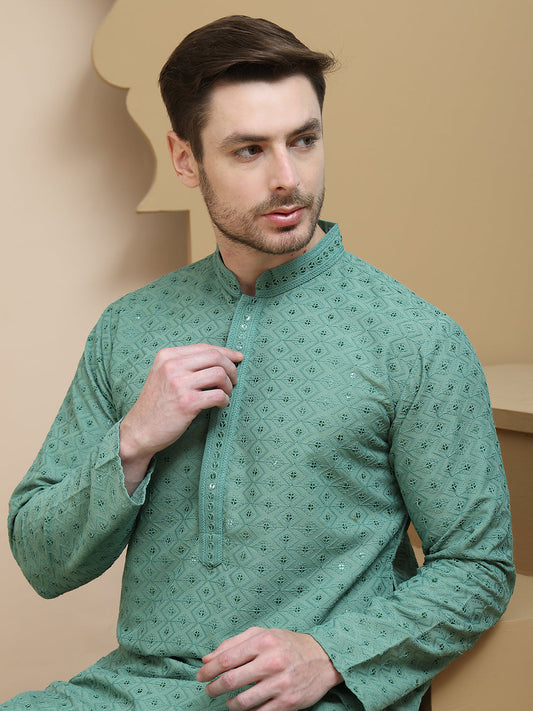 Embroidered Cotton Kurta With Pyjama for Men ( JOKP P 5244 Green )