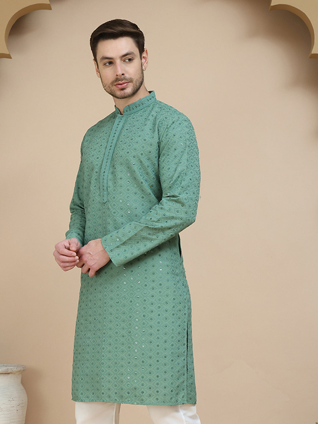 Embroidered Cotton Kurtas for Men ( KO 5244 Green )