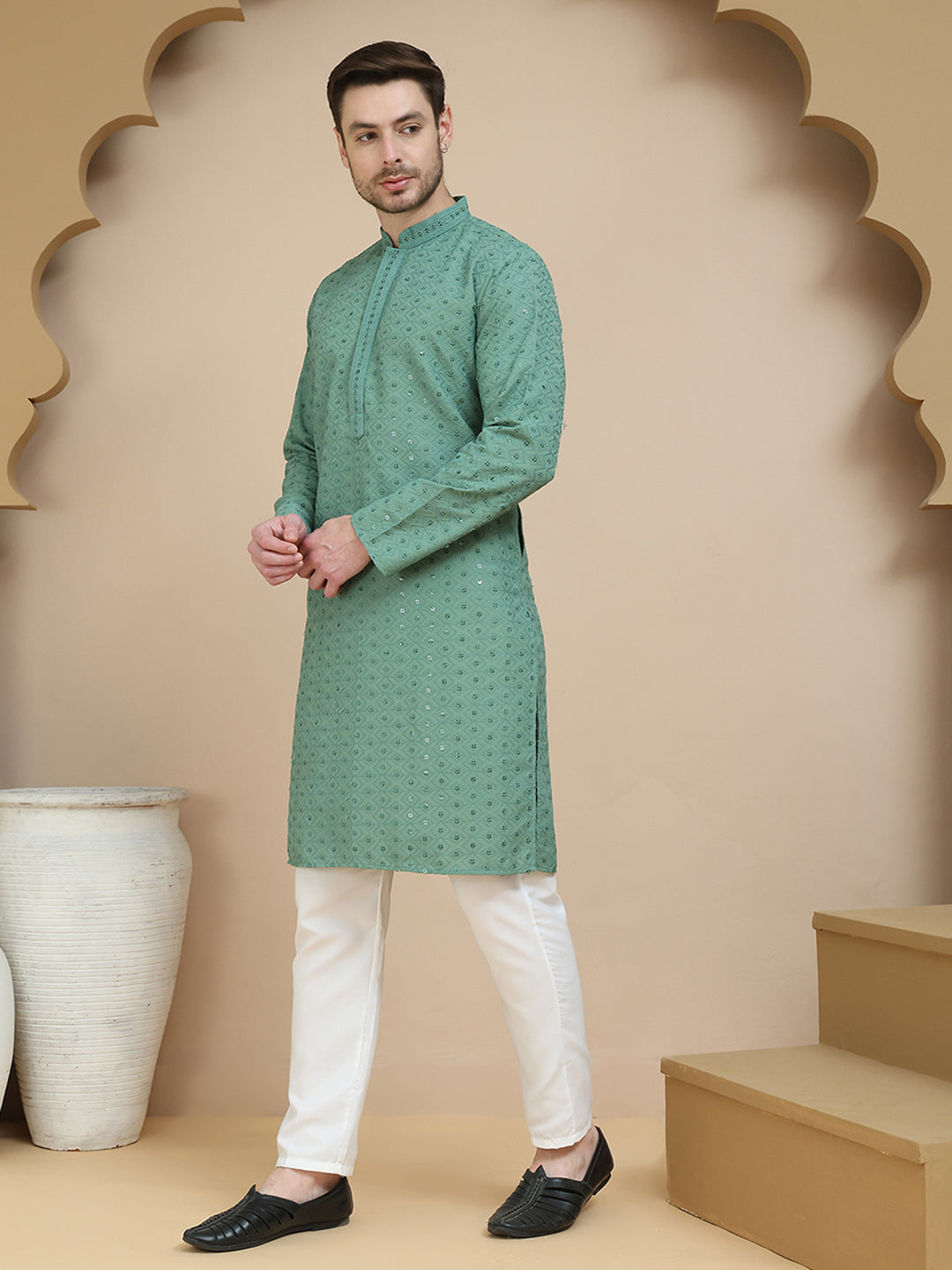 Embroidered Cotton Kurta With Pyjama for Men ( JOKP P 5244 Green )