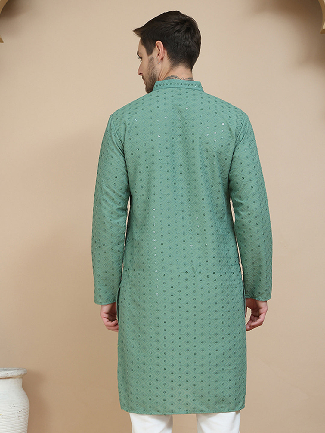 Embroidered Cotton Kurtas for Men ( KO 5244 Green )