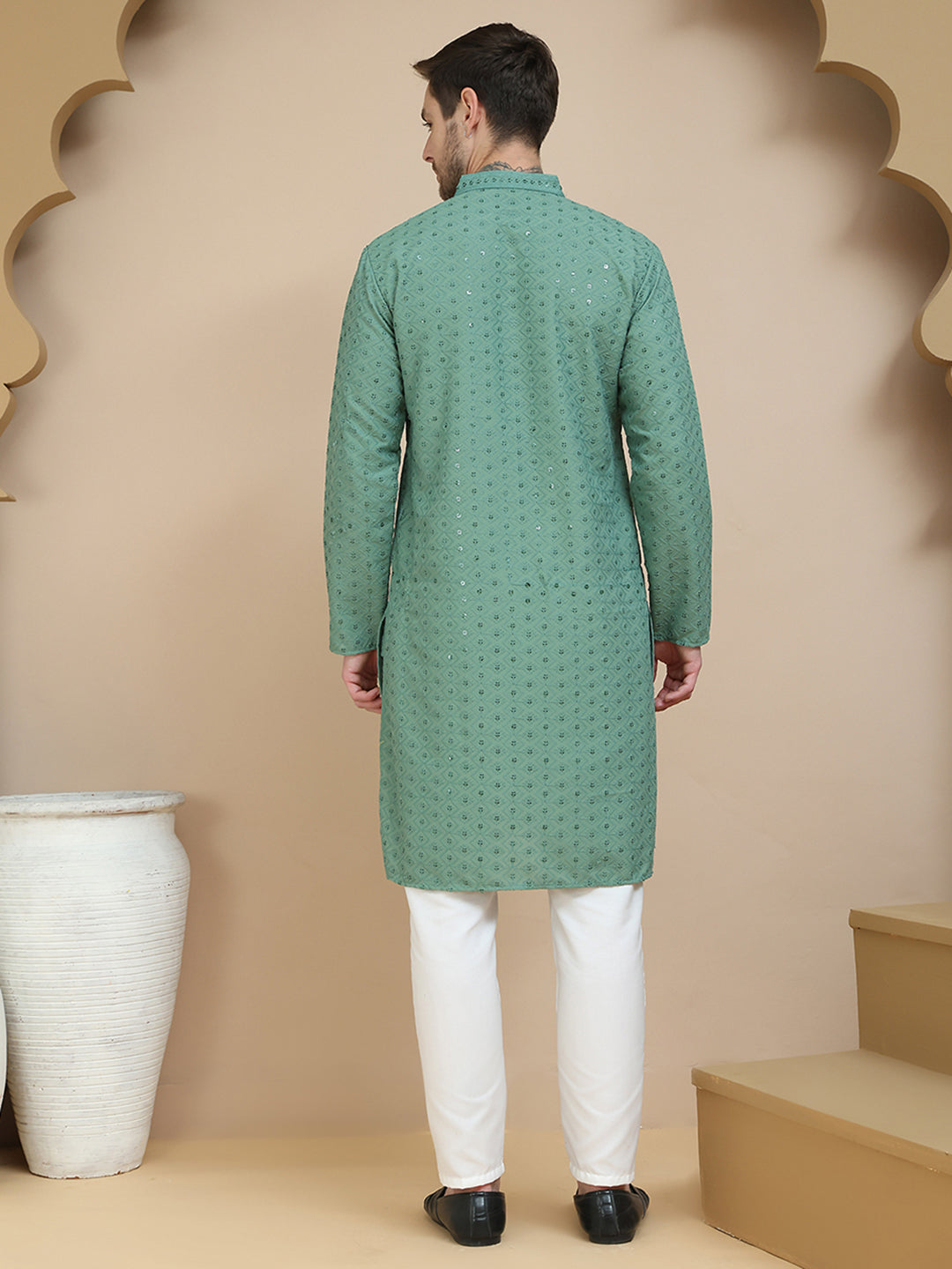 Embroidered Cotton Kurta With Pyjama for Men ( JOKP P 5244 Green )