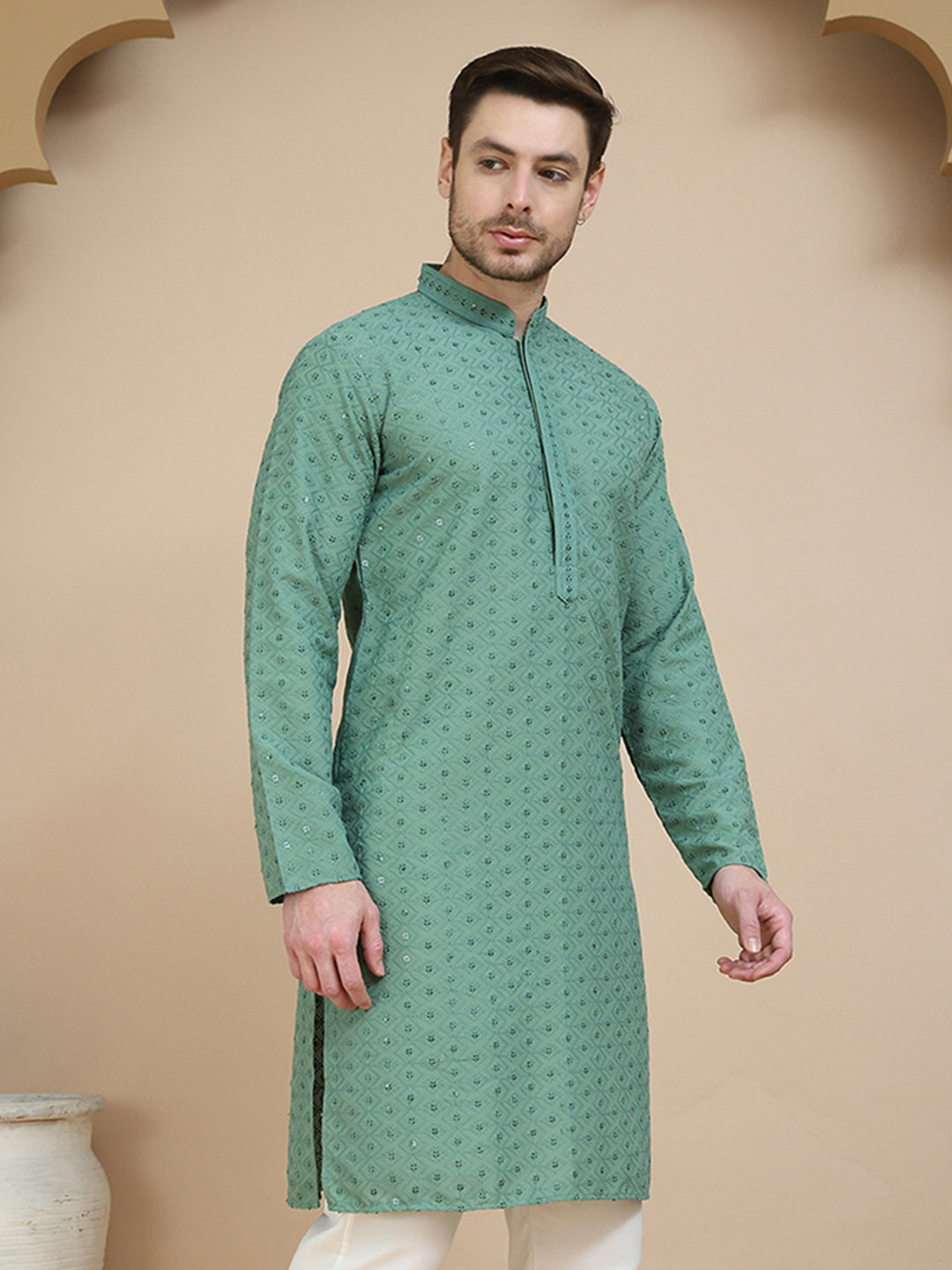 Embroidered Cotton Kurtas for Men ( KO 5244 Green )