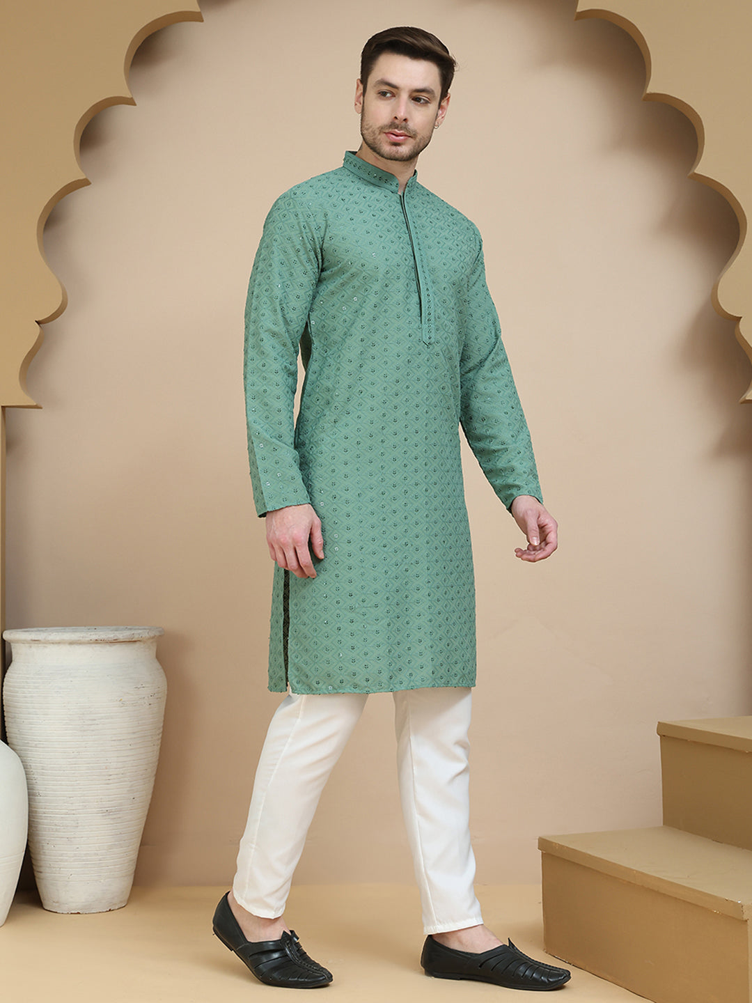 Embroidered Cotton Kurta With Pyjama for Men ( JOKP P 5244 Green )
