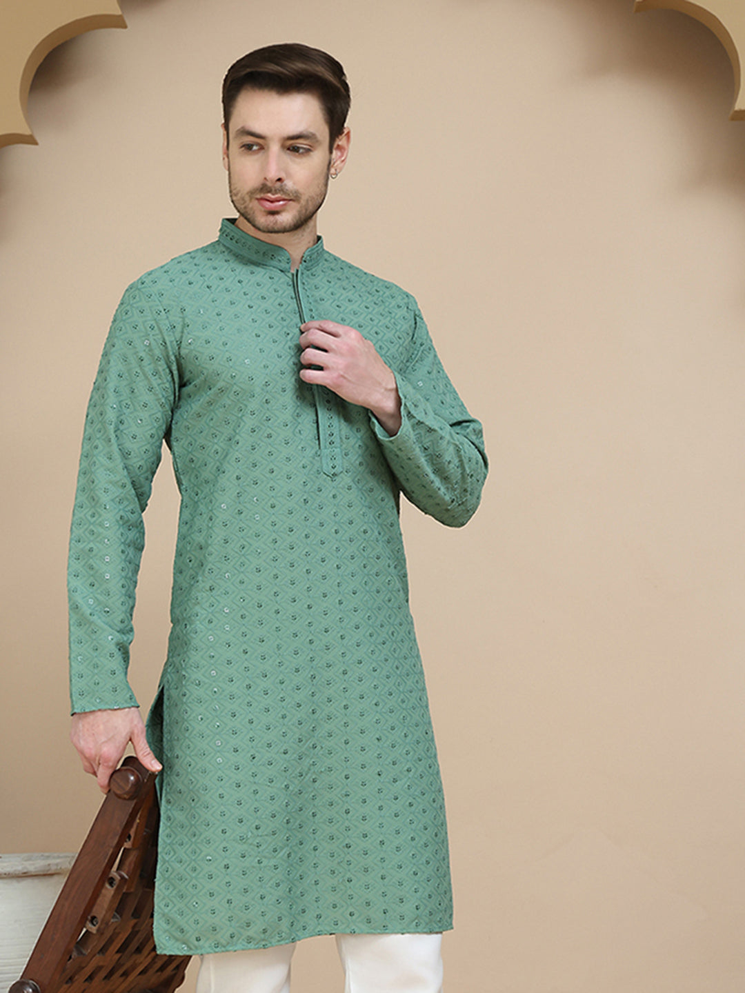Embroidered Cotton Kurtas for Men ( KO 5244 Green )