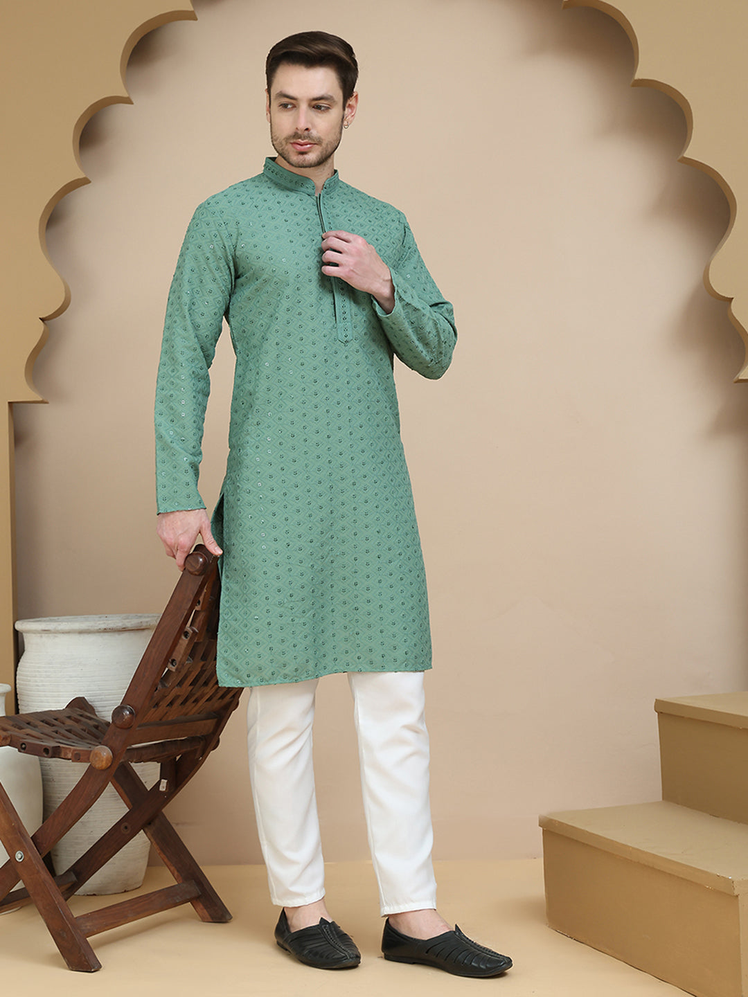 Embroidered Cotton Kurta With Pyjama for Men ( JOKP P 5244 Green )