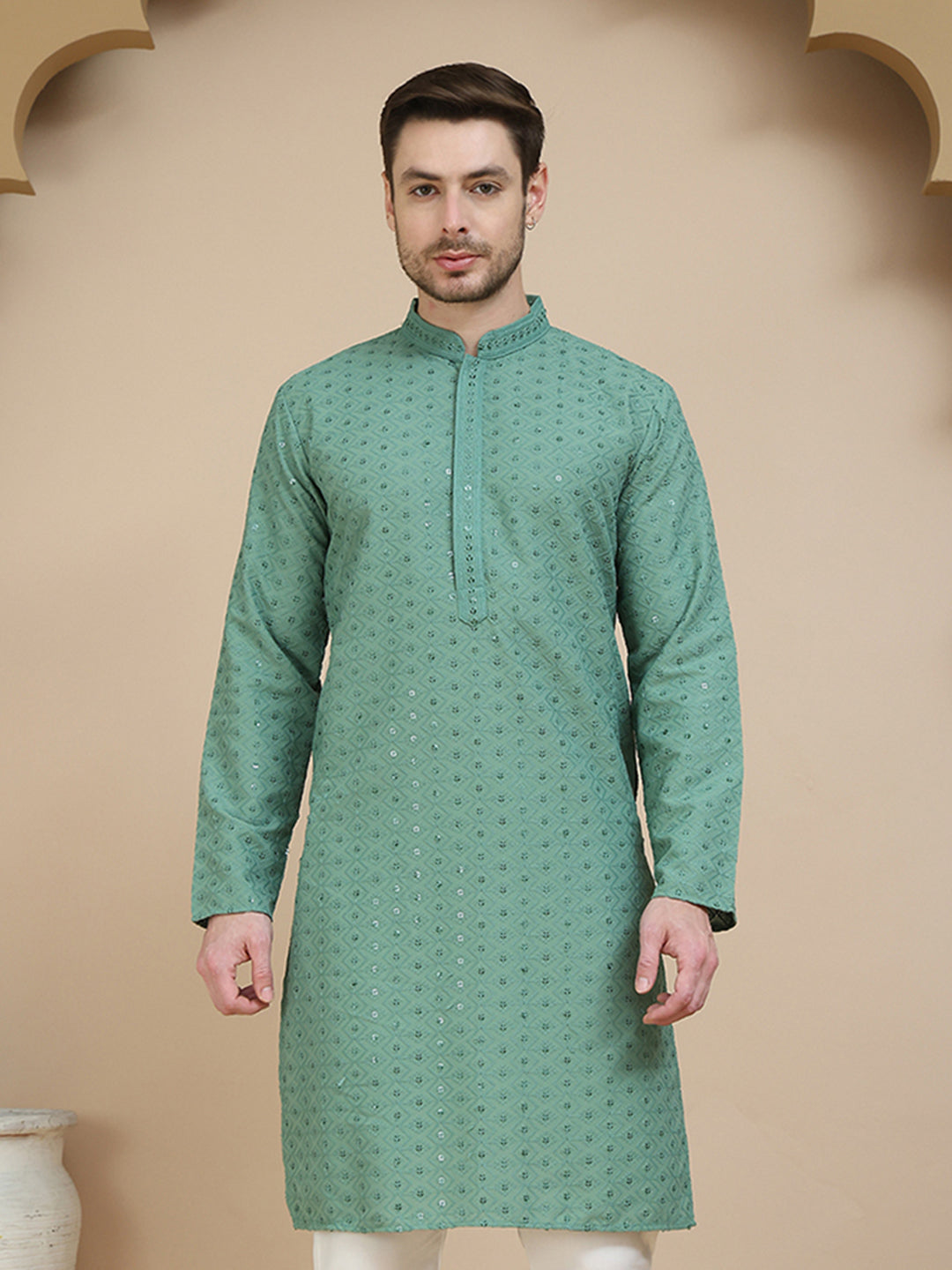 Embroidered Cotton Kurtas for Men ( KO 5244 Green )