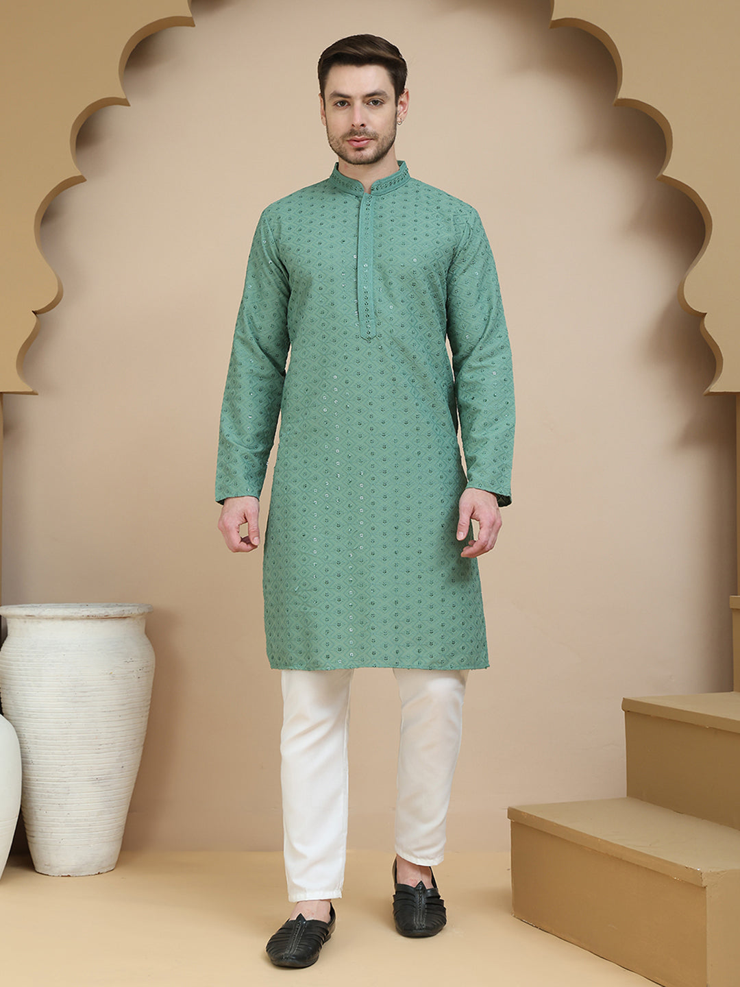 Embroidered Cotton Kurta With Pyjama for Men ( JOKP P 5244 Green )