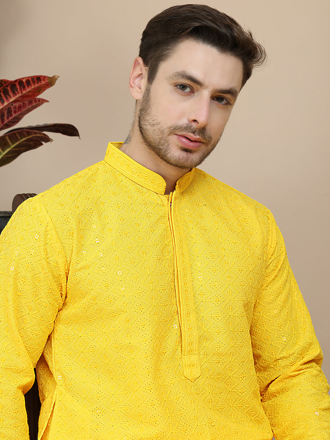 Embroidered Cotton Kurta With Pyjama for Men ( JOKP P 5244 Yellow )