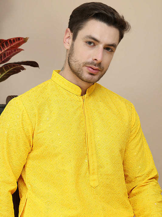 Embroidered Cotton Kurta With Pyjama for Men ( JOKP P 5244 Yellow )