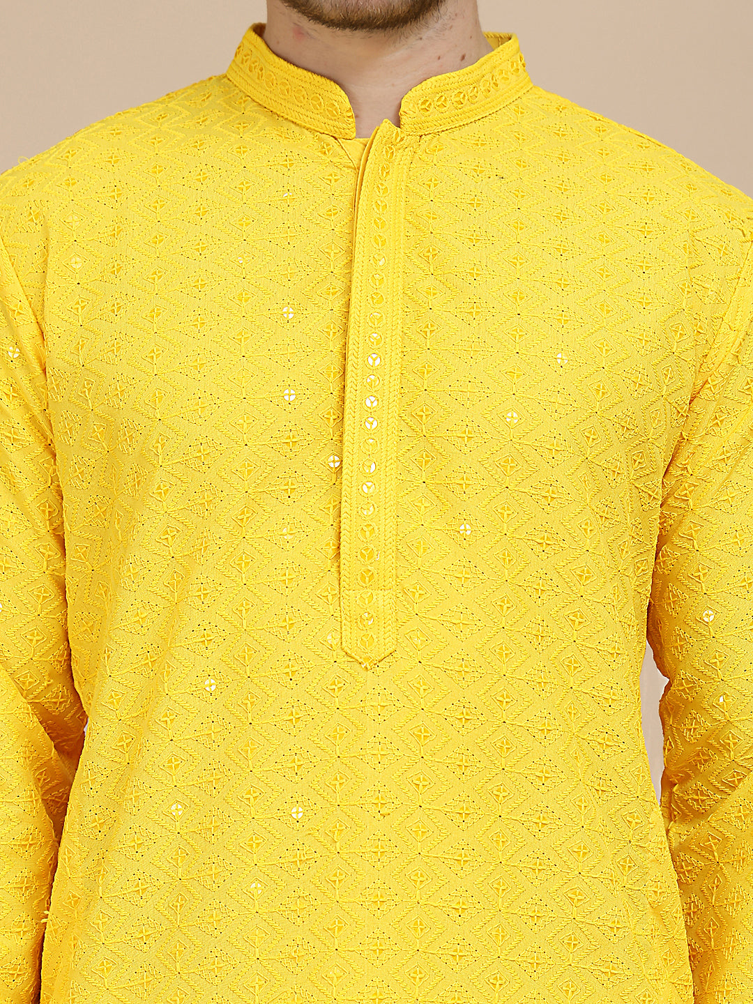Embroidered Cotton Kurta With Pyjama for Men ( JOKP P 5244 Yellow )