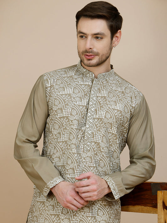 Embroidered Silk Blend Kurta Set for Men ( JOKP P 5245 Beige ) [FF] [I-1-4]