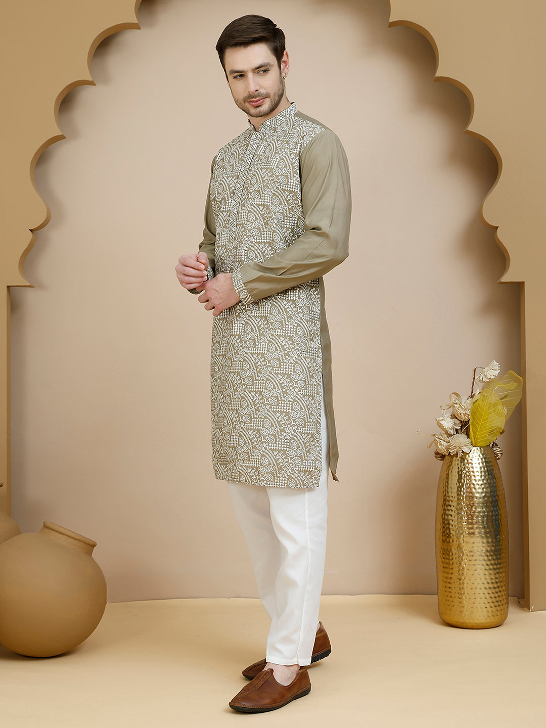 Embroidered Silk Blend Kurta Set for Men ( JOKP P 5245 Beige ) [FF] [I-1-4]
