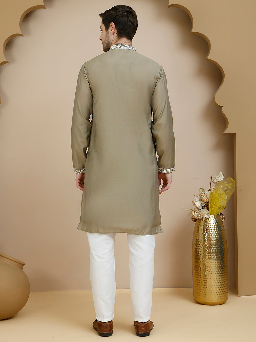 Embroidered Silk Blend Kurta Set for Men ( JOKP P 5245 Beige ) [FF] [I-1-4]