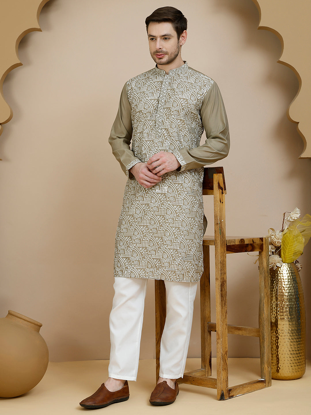 Embroidered Silk Blend Kurta Set for Men ( JOKP P 5245 Beige ) [FF] [I-1-4]
