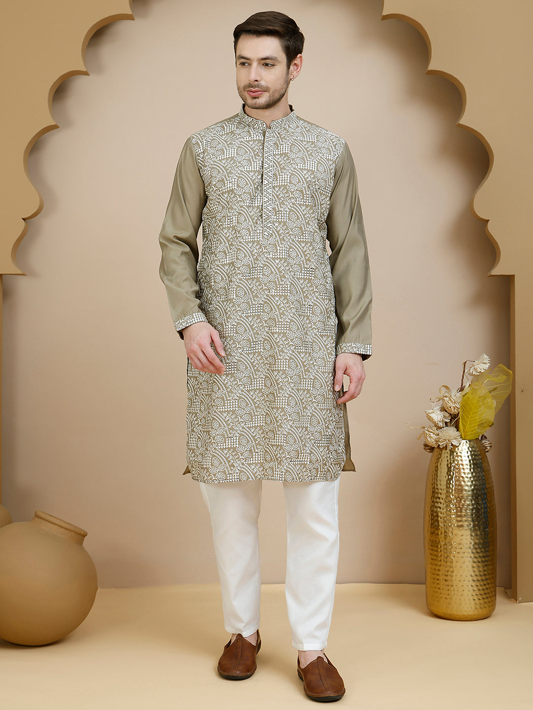 Embroidered Silk Blend Kurta Set for Men ( JOKP P 5245 Beige ) [FF] [I-1-4]
