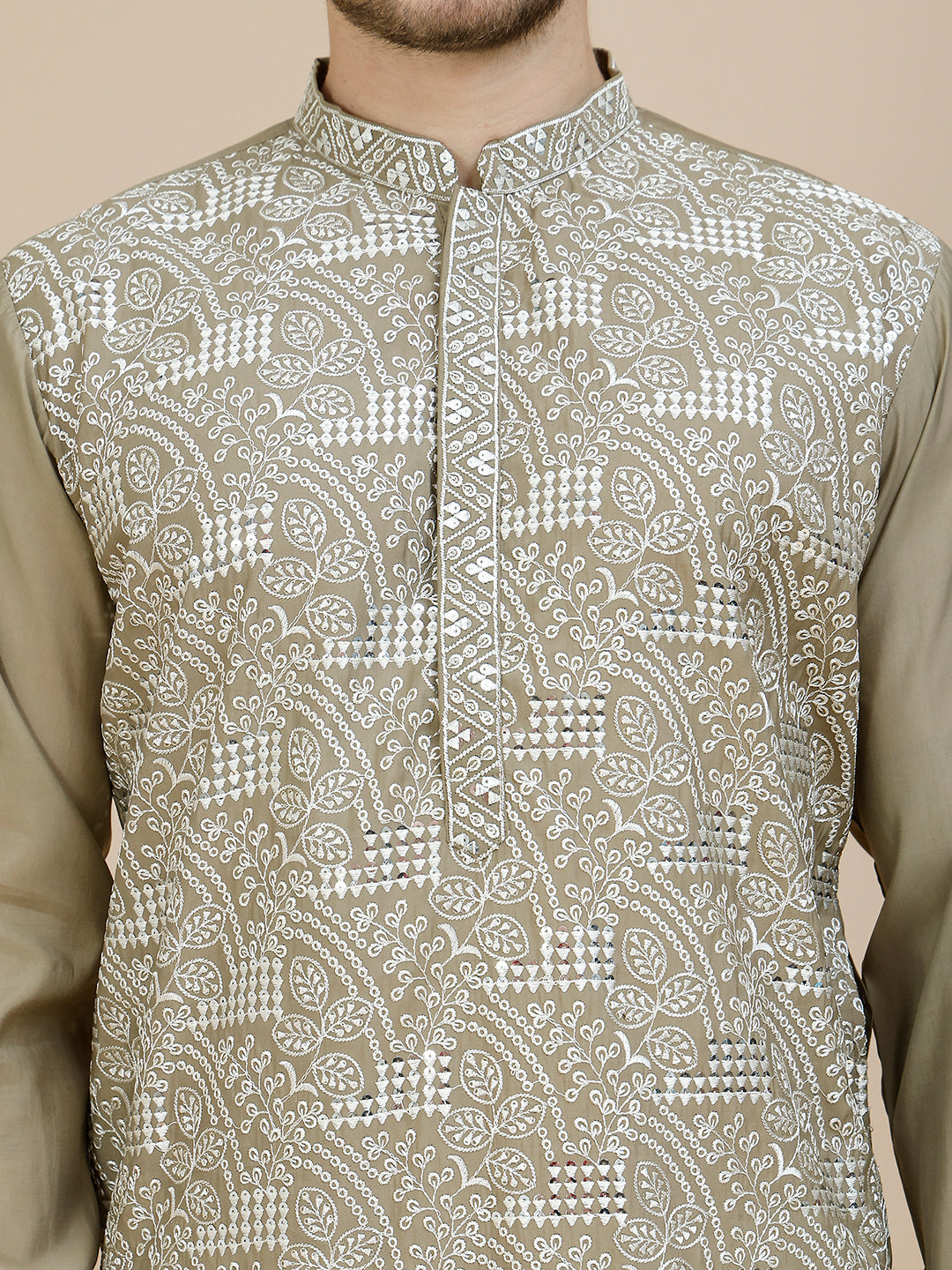 Embroidered Silk Blend Kurta Set for Men ( JOKP P 5245 Beige ) [FF] [I-1-4]