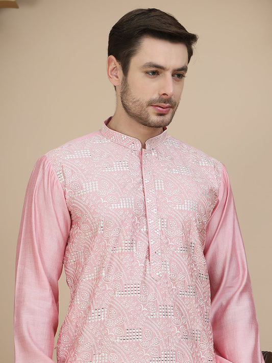 Embroidered Silk Blend Kurta Set for Men ( JOKP P 5245 Pink )