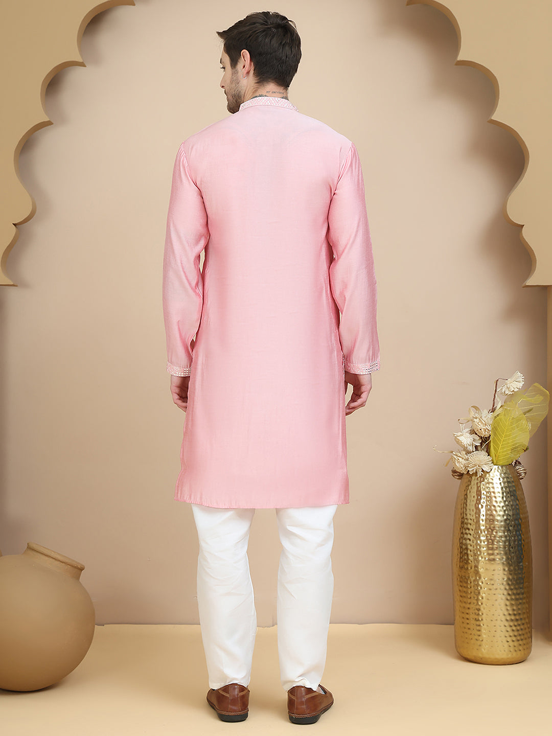Embroidered Silk Blend Kurta Set for Men ( JOKP P 5245 Pink )