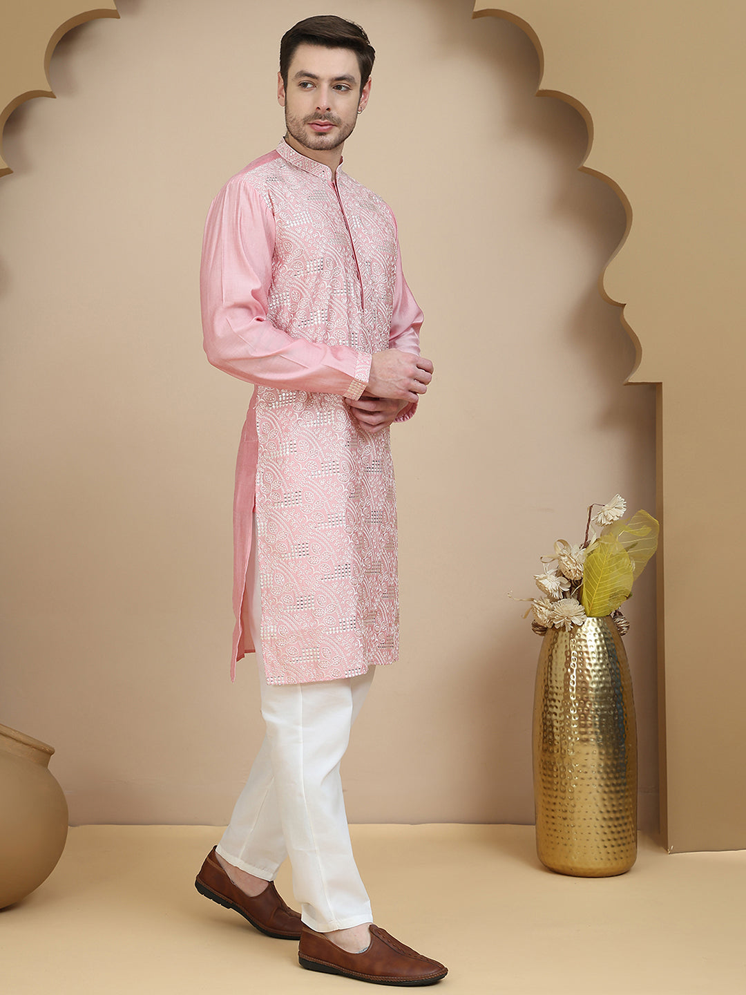 Embroidered Silk Blend Kurta Set for Men ( JOKP P 5245 Pink )