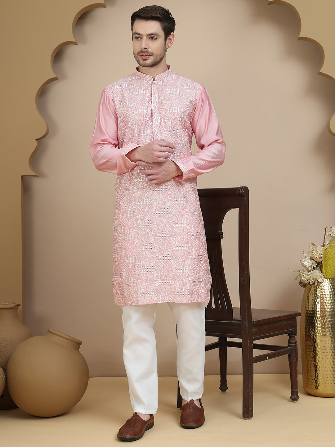 Embroidered Silk Blend Kurta Set for Men ( JOKP P 5245 Pink )