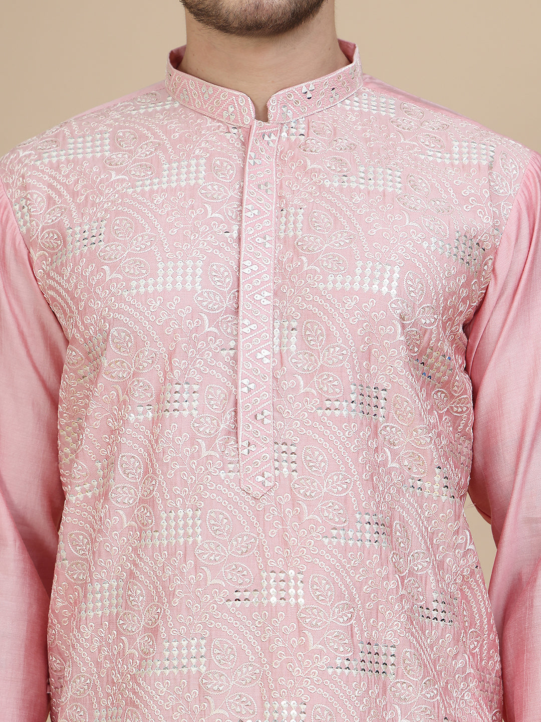 Embroidered Silk Blend Kurta Set for Men ( JOKP P 5245 Pink )