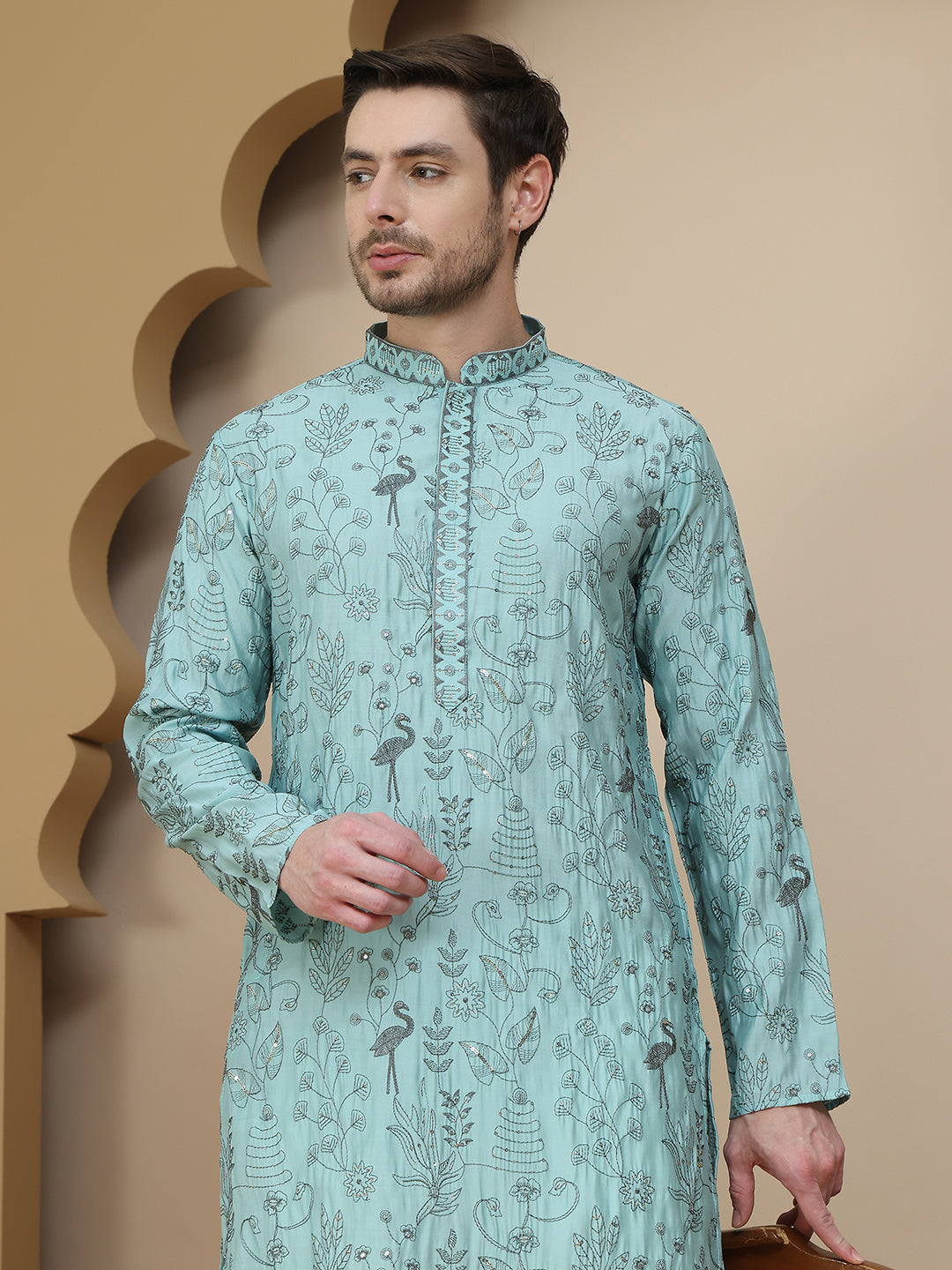 Embroidered Silk Blend Kurta Set for Men ( JOKP P 5246 Blue )