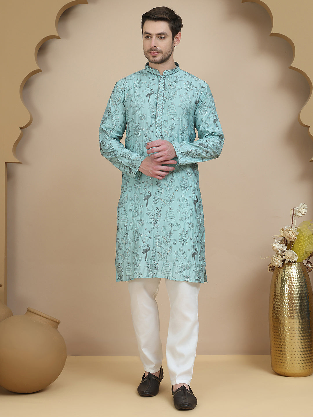 Embroidered Silk Blend Kurta Set for Men ( JOKP P 5246 Blue )