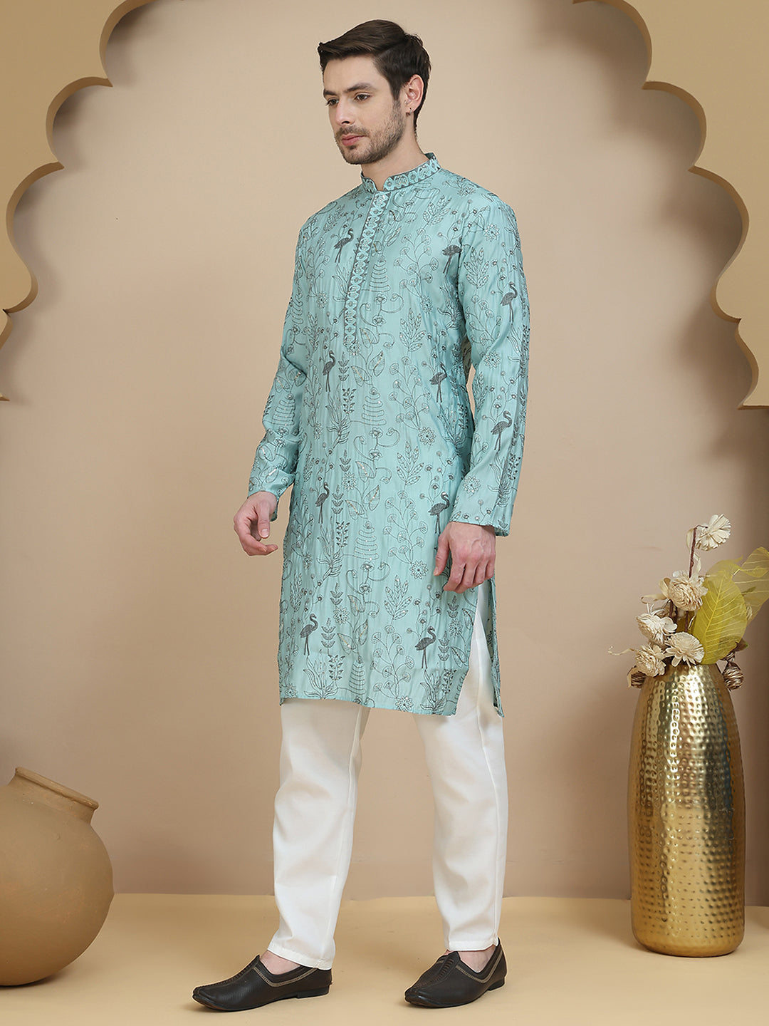 Embroidered Silk Blend Kurta Set for Men ( JOKP P 5246 Blue )