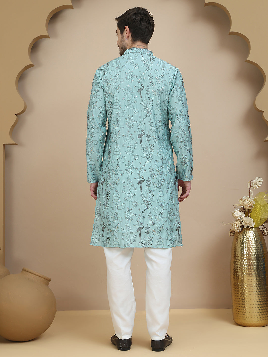 Embroidered Silk Blend Kurta Set for Men ( JOKP P 5246 Blue )