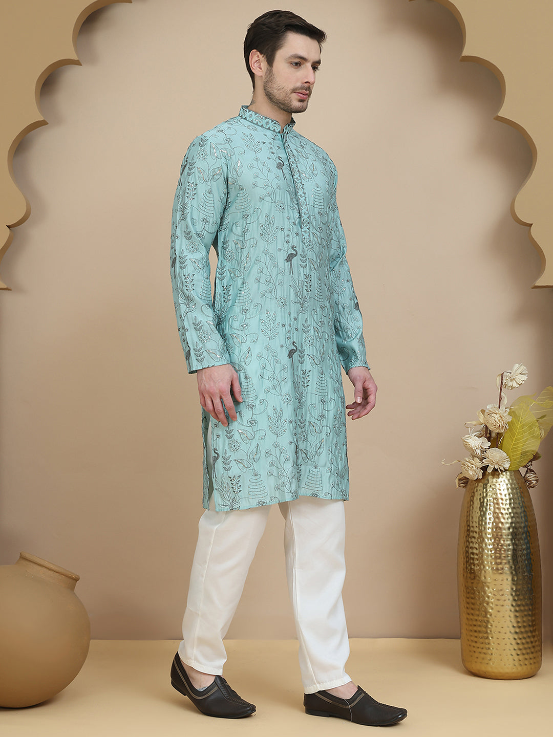 Embroidered Silk Blend Kurta Set for Men ( JOKP P 5246 Blue )
