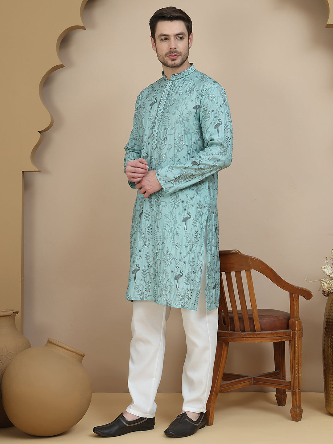 Embroidered Silk Blend Kurta Set for Men ( JOKP P 5246 Blue )