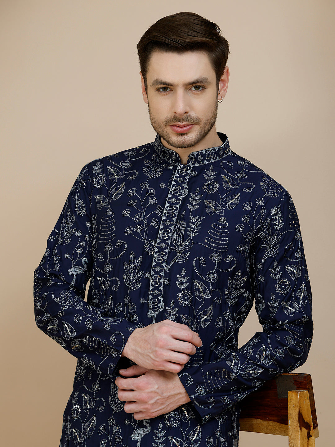 Embroidered Silk Blend Kurta Set for Men ( JOKP P 5246 Navy )