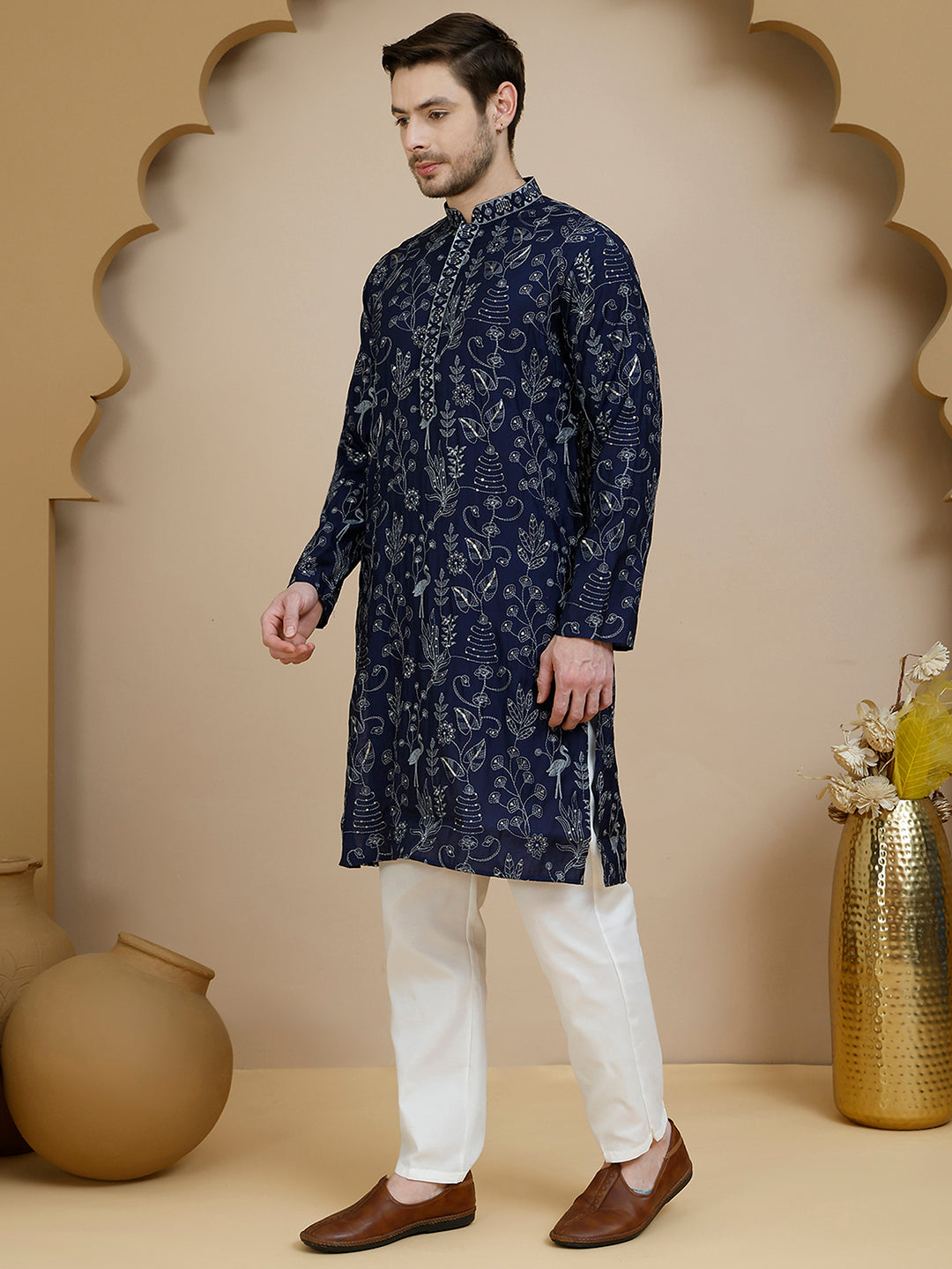 Embroidered Silk Blend Kurta Set for Men ( JOKP P 5246 Navy )