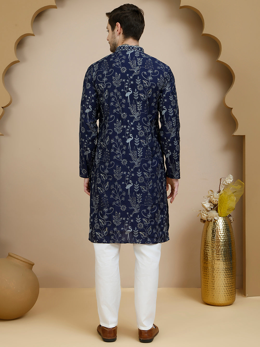 Embroidered Silk Blend Kurta Set for Men ( JOKP P 5246 Navy )