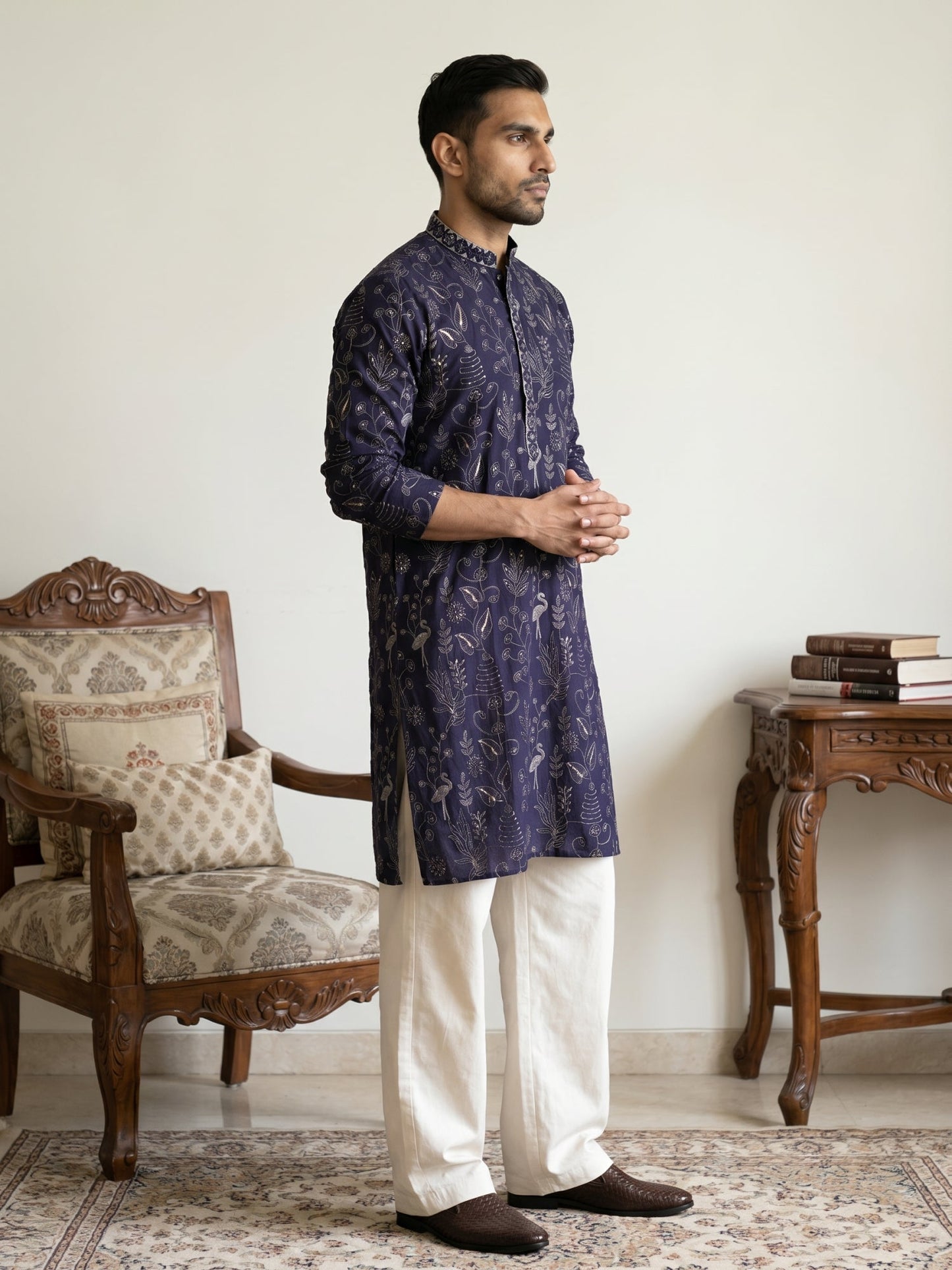 Embroidered Silk Blend Kurta with Korean Pants