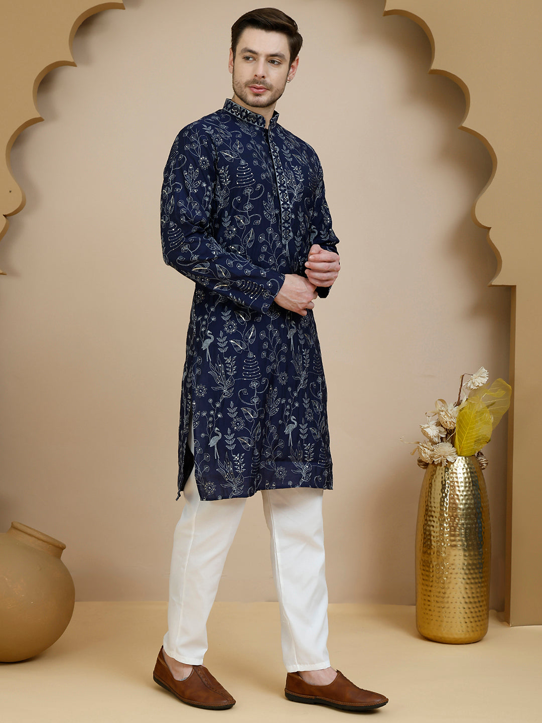 Embroidered Silk Blend Kurta Set for Men ( JOKP P 5246 Navy )