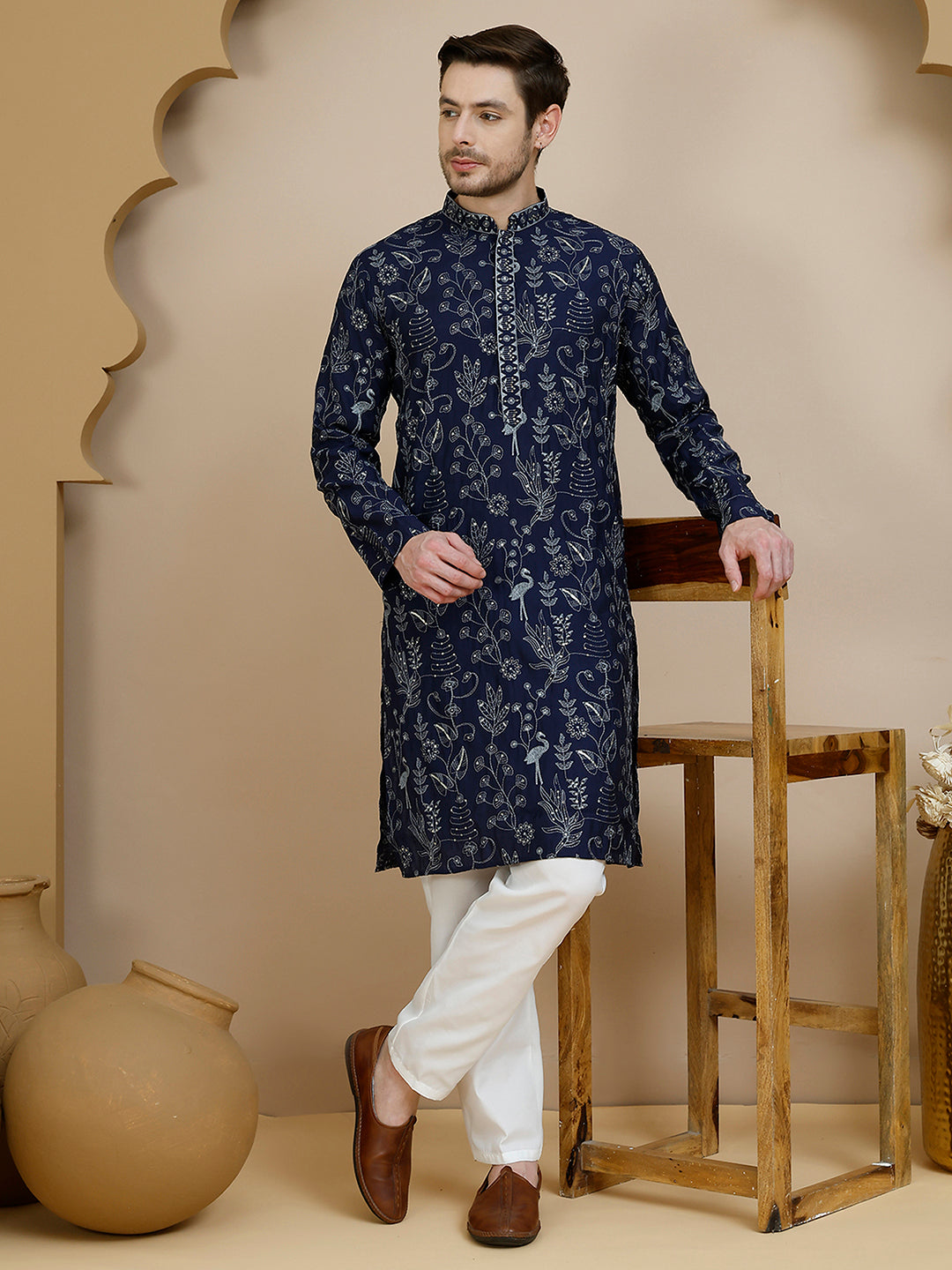 Embroidered Silk Blend Kurta Set for Men ( JOKP P 5246 Navy )