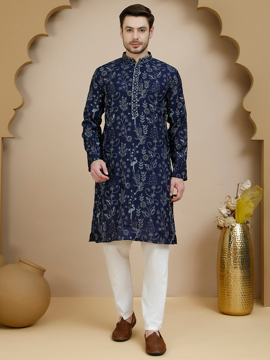 Embroidered Silk Blend Kurta Set for Men ( JOKP P 5246 Navy )